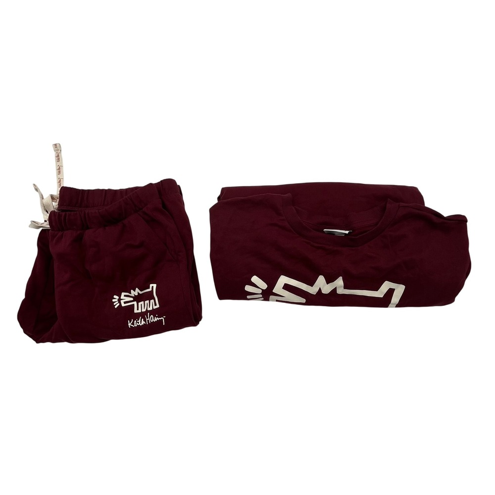 Keith Haring Burgundy Barking Dog Graphic Sweatshirt & Sweatpants Set Small